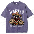 Unisex Wanted Bandit Raccoon Printed Washed Tee