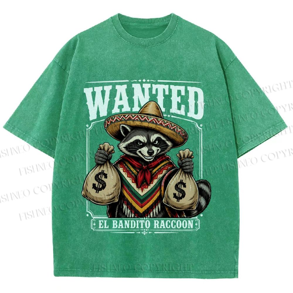 Unisex Wanted Bandit Raccoon Printed Washed Tee