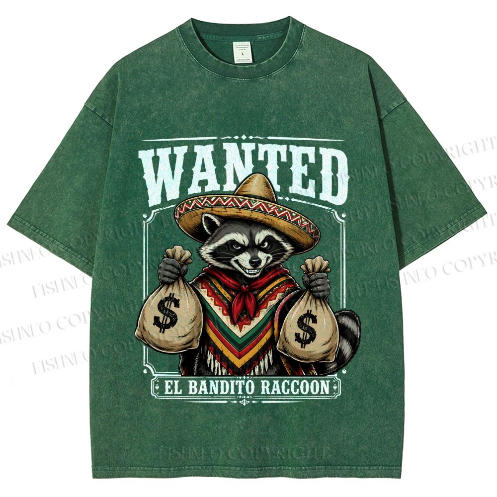 Unisex Wanted Bandit Raccoon Printed Washed Tee