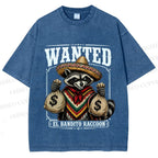Unisex Wanted Bandit Raccoon Printed Washed Tee