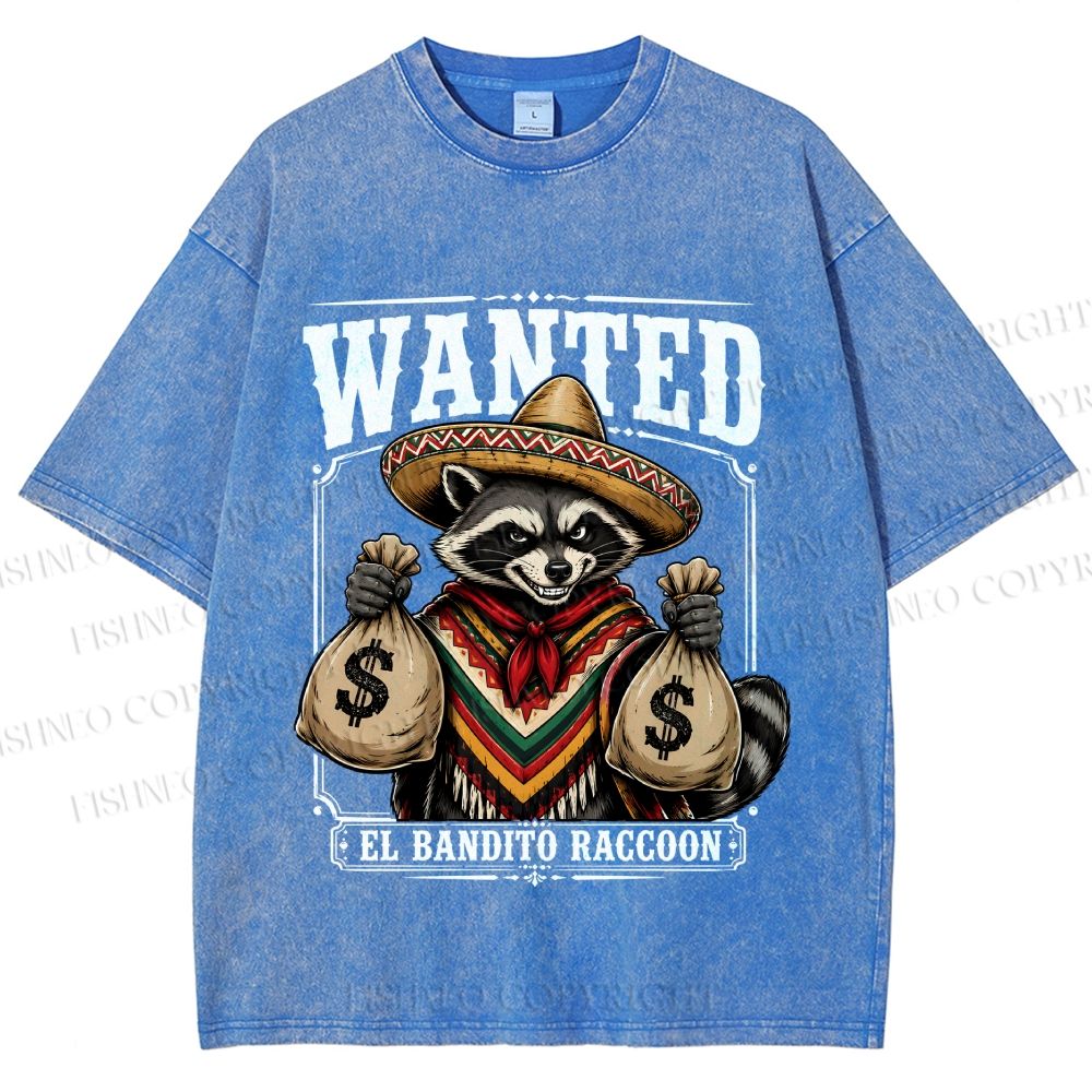 Unisex Wanted Bandit Raccoon Printed Washed Tee