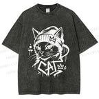 Unisex Graffiti Street Cool Cat Printed Washed Tee