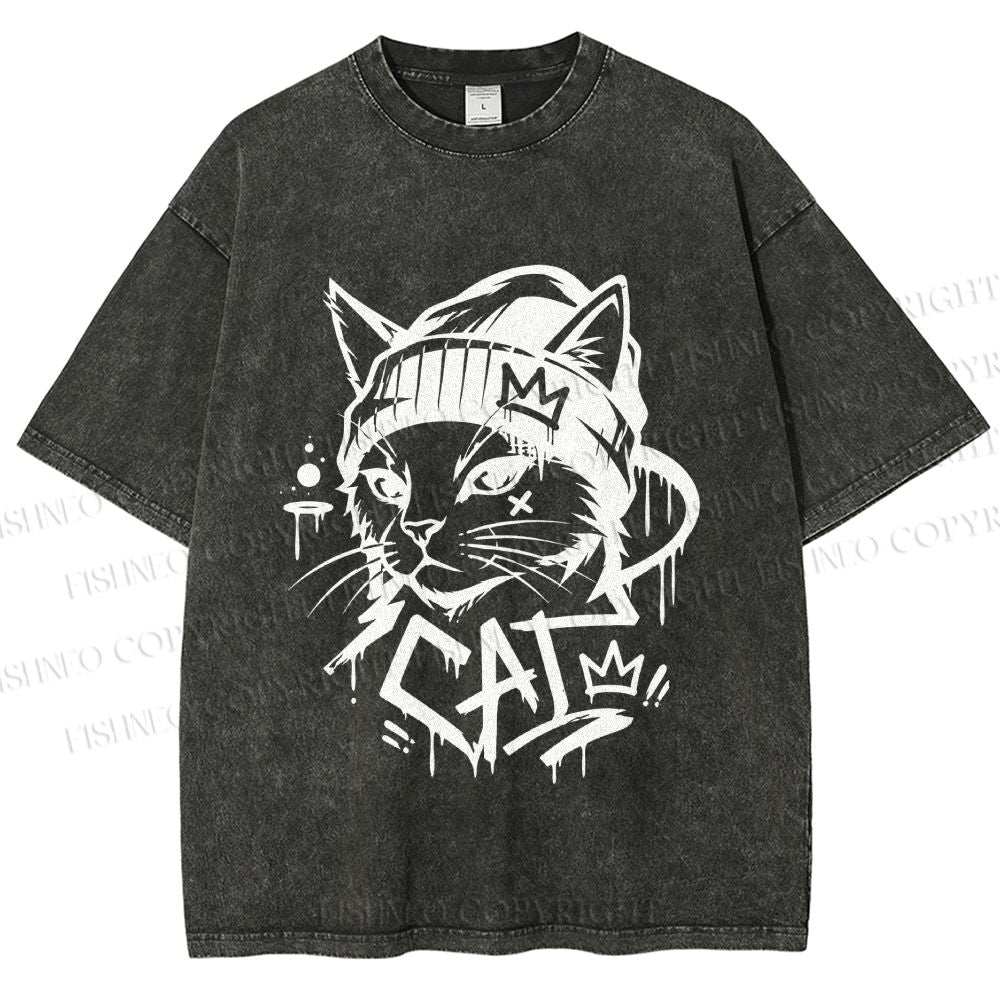 Unisex Graffiti Street Cool Cat Printed Washed Tee