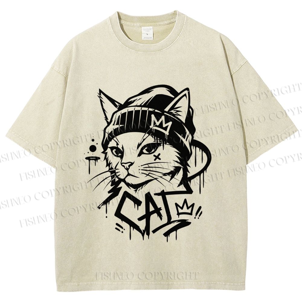 Unisex Graffiti Street Cool Cat Printed Washed Tee