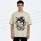 Unisex Graffiti Street Cool Cat Printed Washed Tee