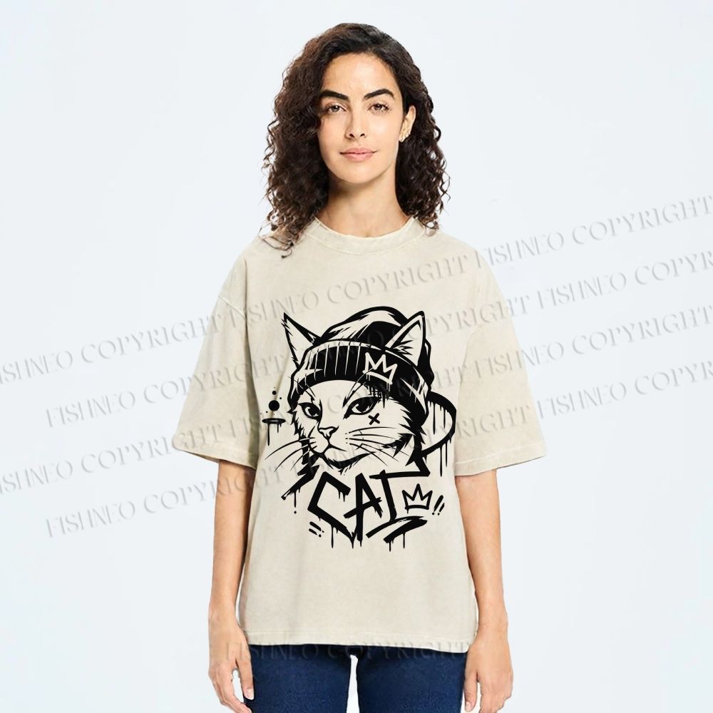 Unisex Graffiti Street Cool Cat Printed Washed Tee