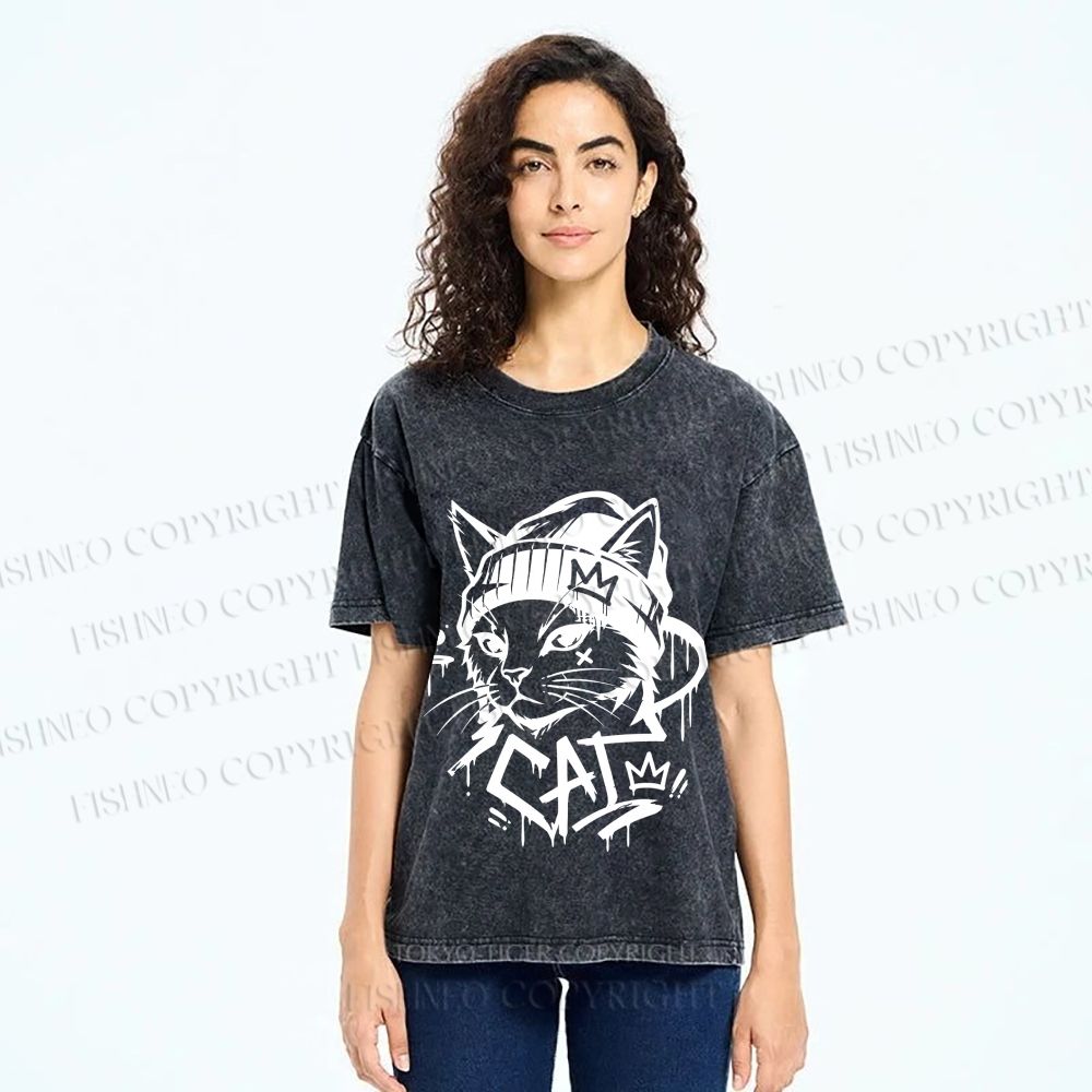 Unisex Graffiti Street Cool Cat Printed Washed Tee