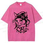 Unisex Graffiti Street Cool Cat Printed Washed Tee