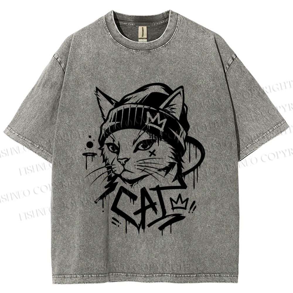 Unisex Graffiti Street Cool Cat Printed Washed Tee