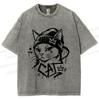 Unisex Graffiti Street Cool Cat Printed Washed Tee