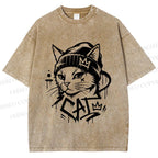 Unisex Graffiti Street Cool Cat Printed Washed Tee