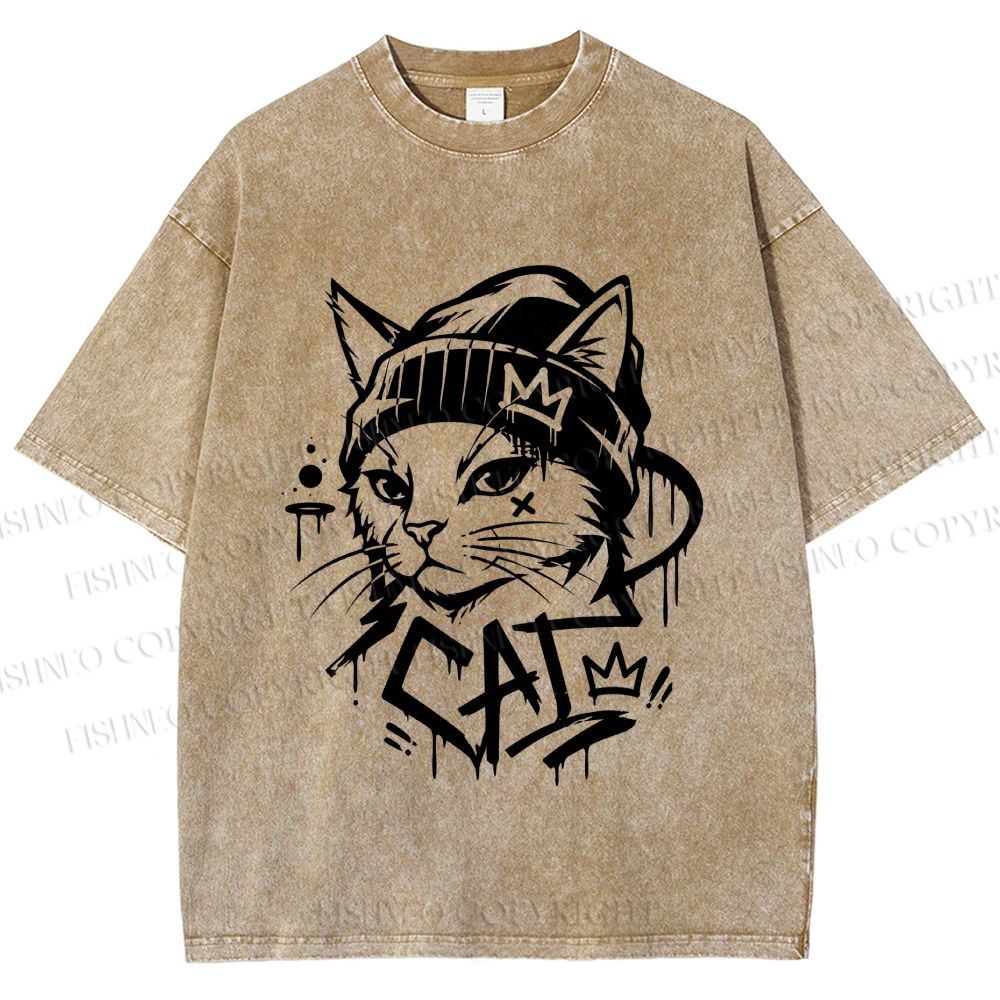 Unisex Graffiti Street Cool Cat Printed Washed Tee
