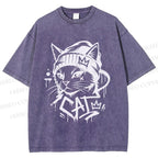 Unisex Graffiti Street Cool Cat Printed Washed Tee