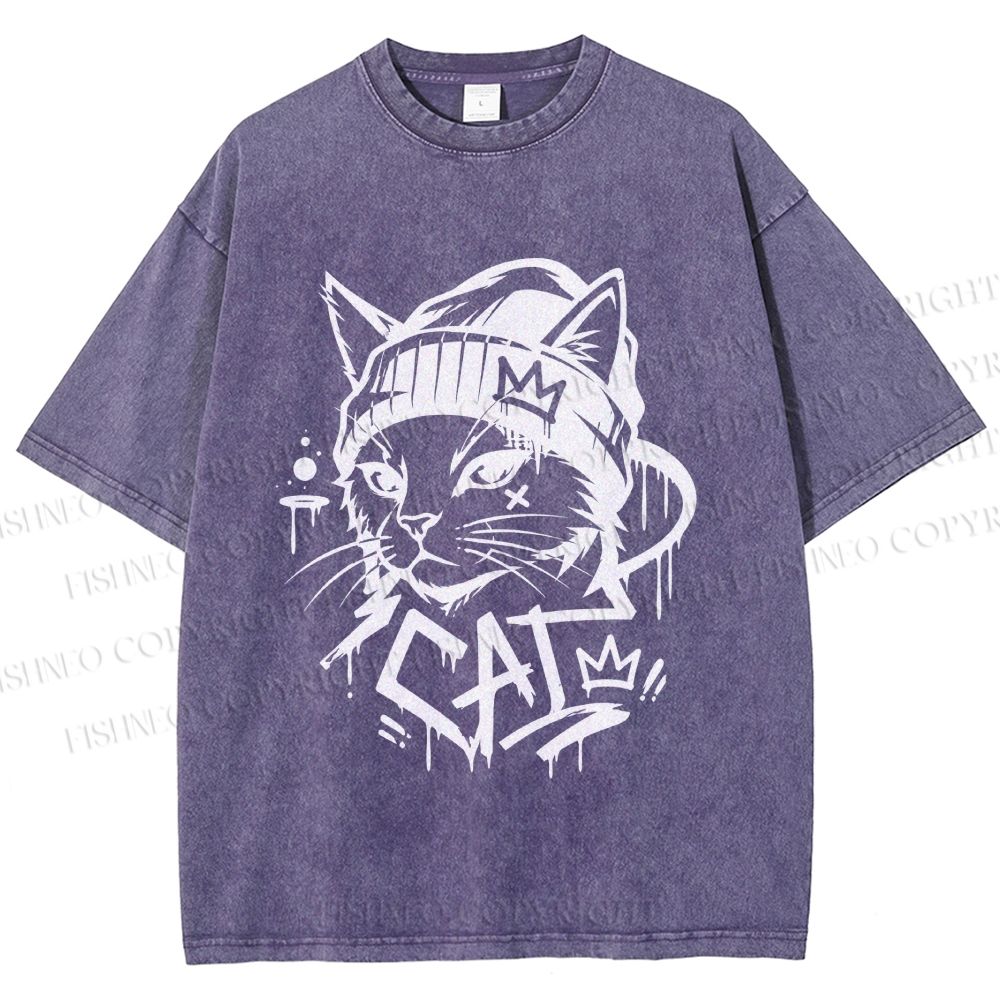 Unisex Graffiti Street Cool Cat Printed Washed Tee