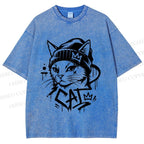 Unisex Graffiti Street Cool Cat Printed Washed Tee