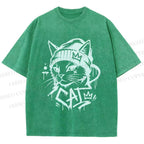 Unisex Graffiti Street Cool Cat Printed Washed Tee
