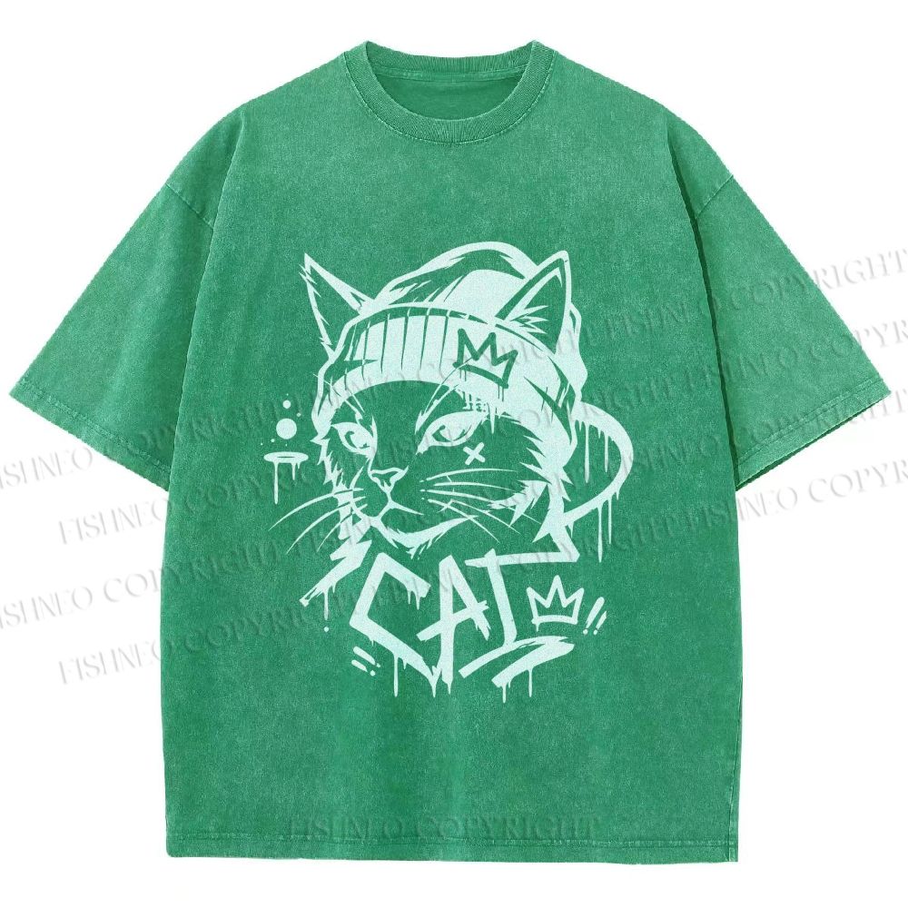 Unisex Graffiti Street Cool Cat Printed Washed Tee