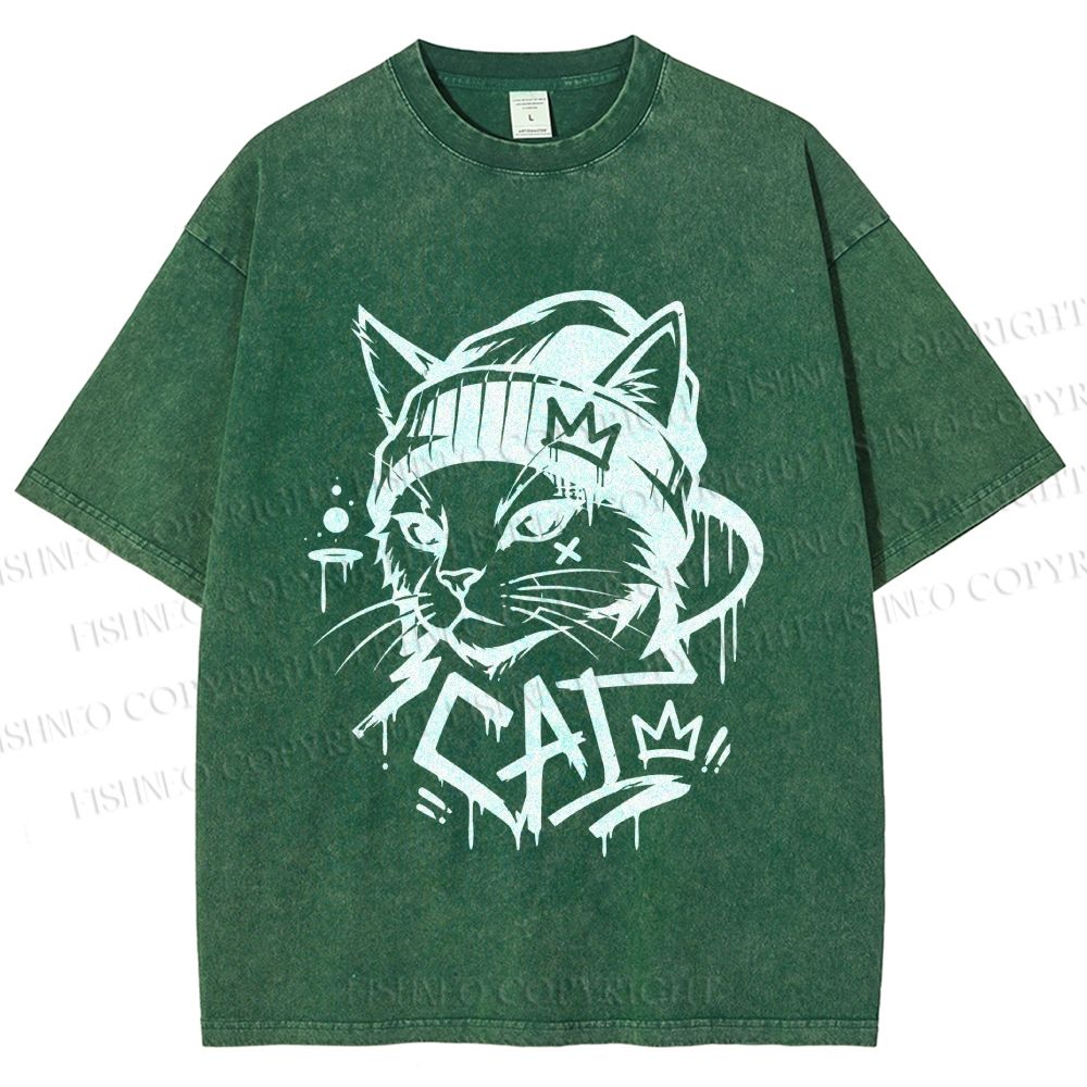 Unisex Graffiti Street Cool Cat Printed Washed Tee