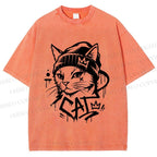 Unisex Graffiti Street Cool Cat Printed Washed Tee