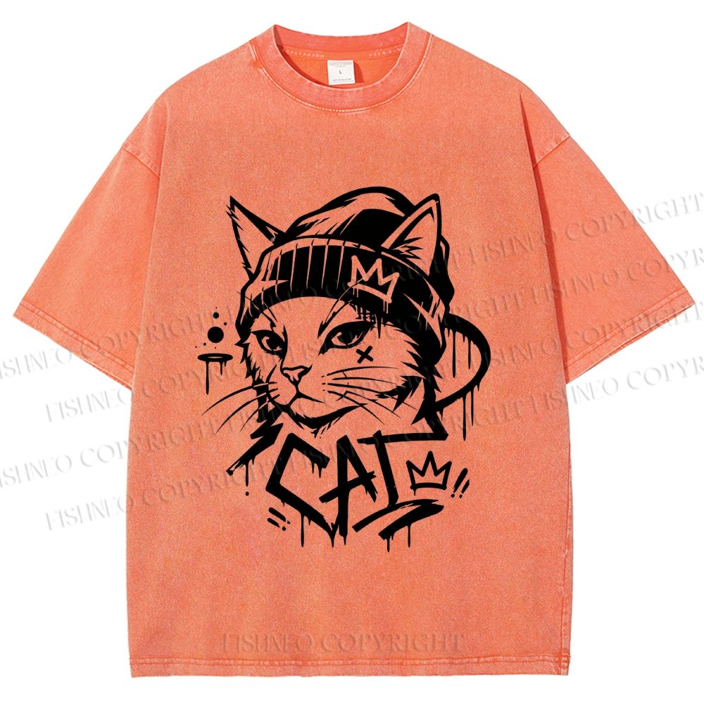 Unisex Graffiti Street Cool Cat Printed Washed Tee