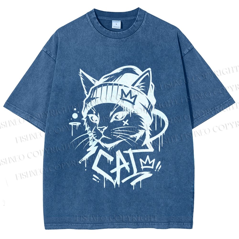 Unisex Graffiti Street Cool Cat Printed Washed Tee