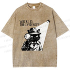 Unisex Detective Noir Black Cat Printed Washed Tee