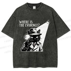 Unisex Detective Noir Black Cat Printed Washed Tee
