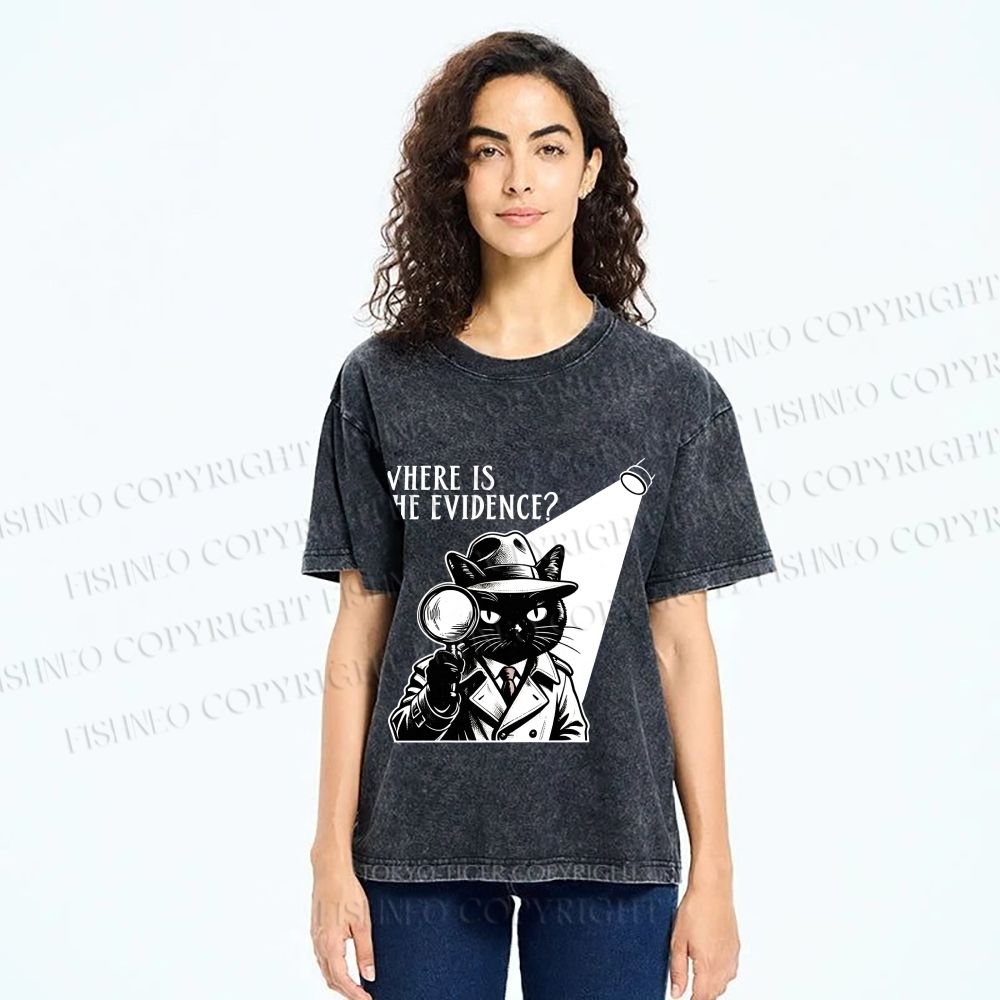 Unisex Detective Noir Black Cat Printed Washed Tee
