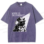Unisex Detective Noir Black Cat Printed Washed Tee