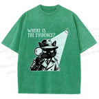 Unisex Detective Noir Black Cat Printed Washed Tee