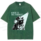 Unisex Detective Noir Black Cat Printed Washed Tee