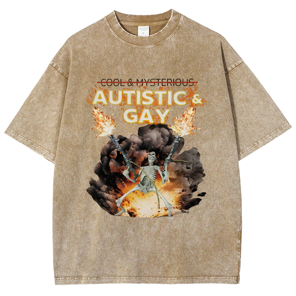 Autistic and Gay Skeleton Explosion Washed T-Shirt