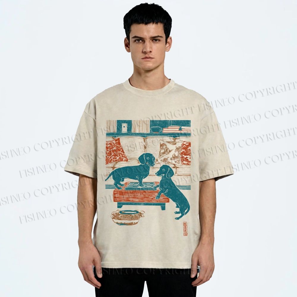 Unisex Dachshund Dog Printed Washed Tee