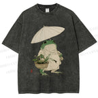 Unisex Holding An Umbrella Frog Printed Washed Tee