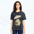 Unisex Holding An Umbrella Frog Printed Washed Tee