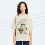 Unisex Holding An Umbrella Frog Printed Washed Tee