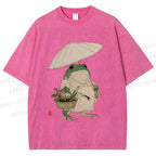 Unisex Holding An Umbrella Frog Printed Washed Tee
