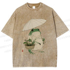 Unisex Holding An Umbrella Frog Printed Washed Tee