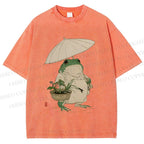 Unisex Holding An Umbrella Frog Printed Washed Tee