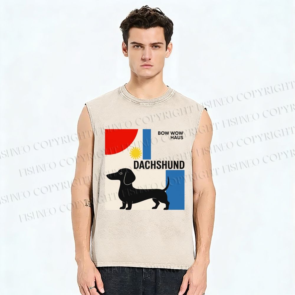 Unisex Bauhaus Dachshund Printed Washed Tank Top