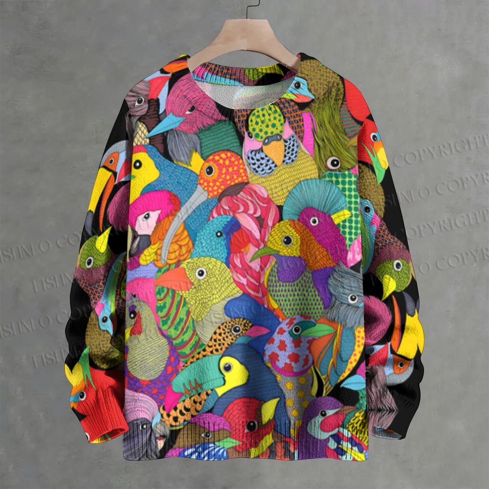 Multicolor BIrds Crew Neck Sweater