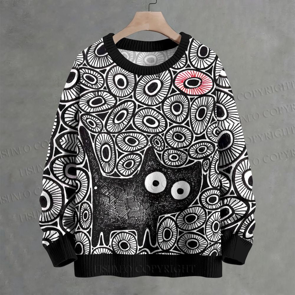 Black Cat in Circles Crew Neck Sweater
