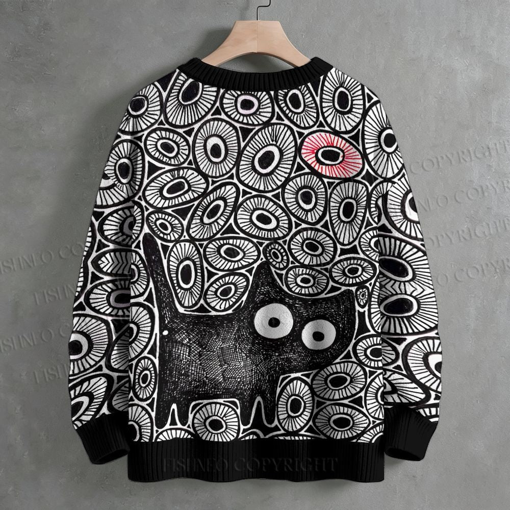 Black Cat in Circles Crew Neck Sweater