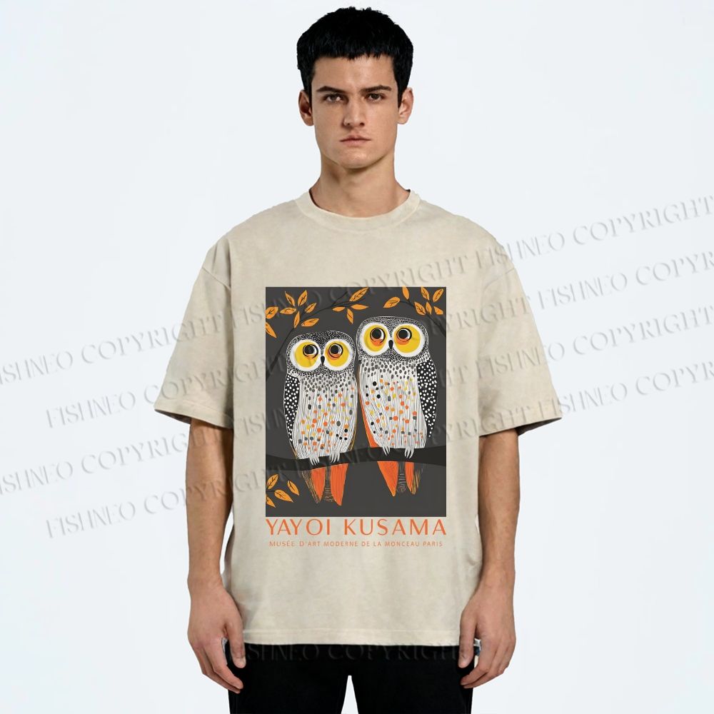 Unisex Yayoi Kusama Owls Printed Washed Tee