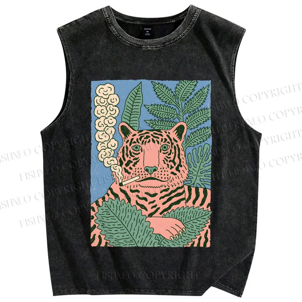 Unisex Vintage Tiger Smoking Printed Washed Tank Top