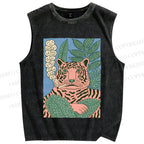 Unisex Vintage Tiger Smoking Printed Washed Tank Top