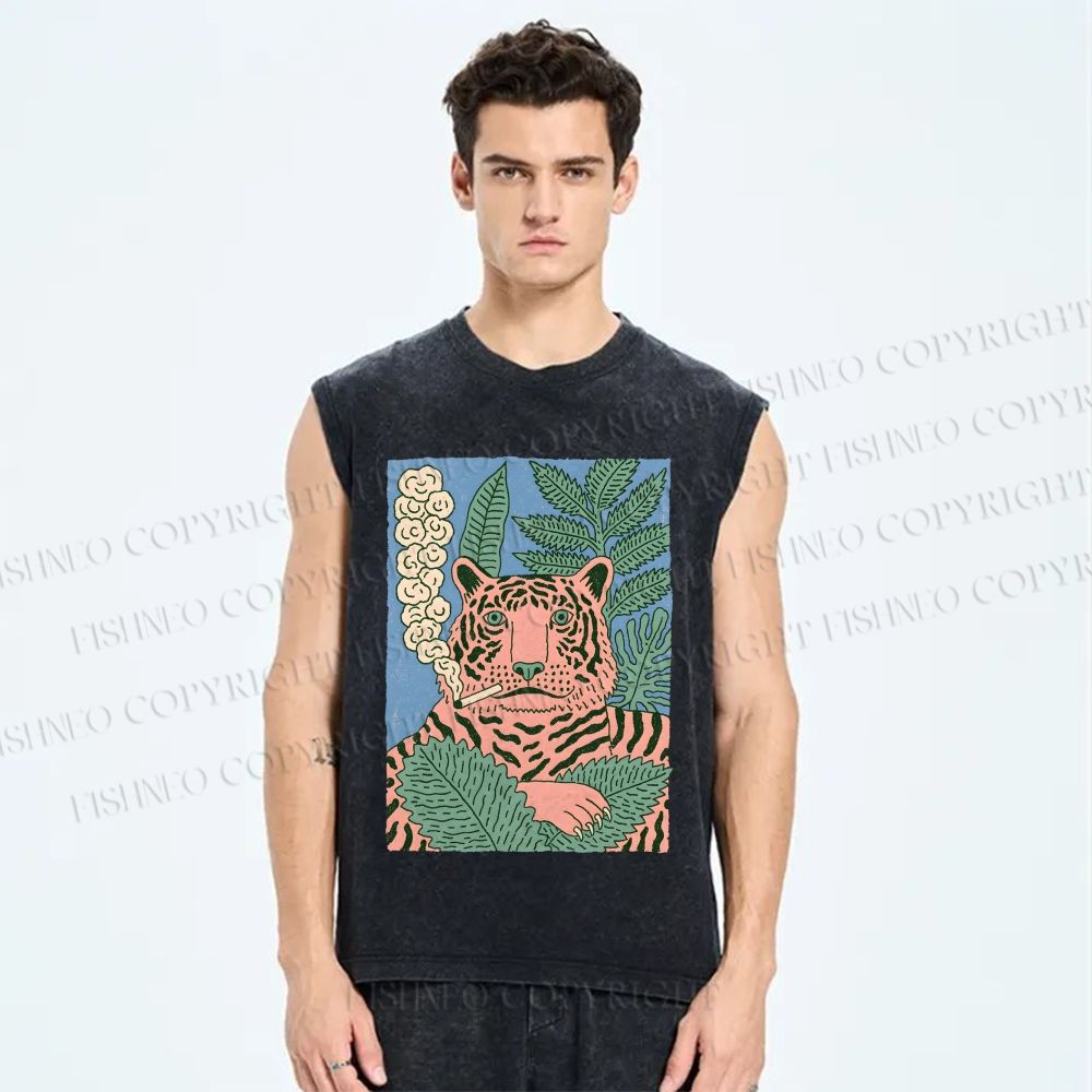 Unisex Vintage Tiger Smoking Printed Washed Tank Top