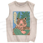 Unisex Vintage Tiger Smoking Printed Washed Tank Top