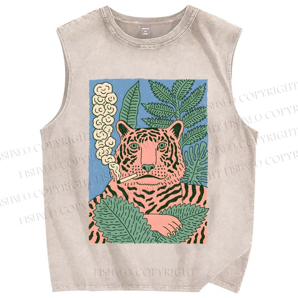 Unisex Vintage Tiger Smoking Printed Washed Tank Top