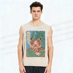 Unisex Vintage Tiger Smoking Printed Washed Tank Top
